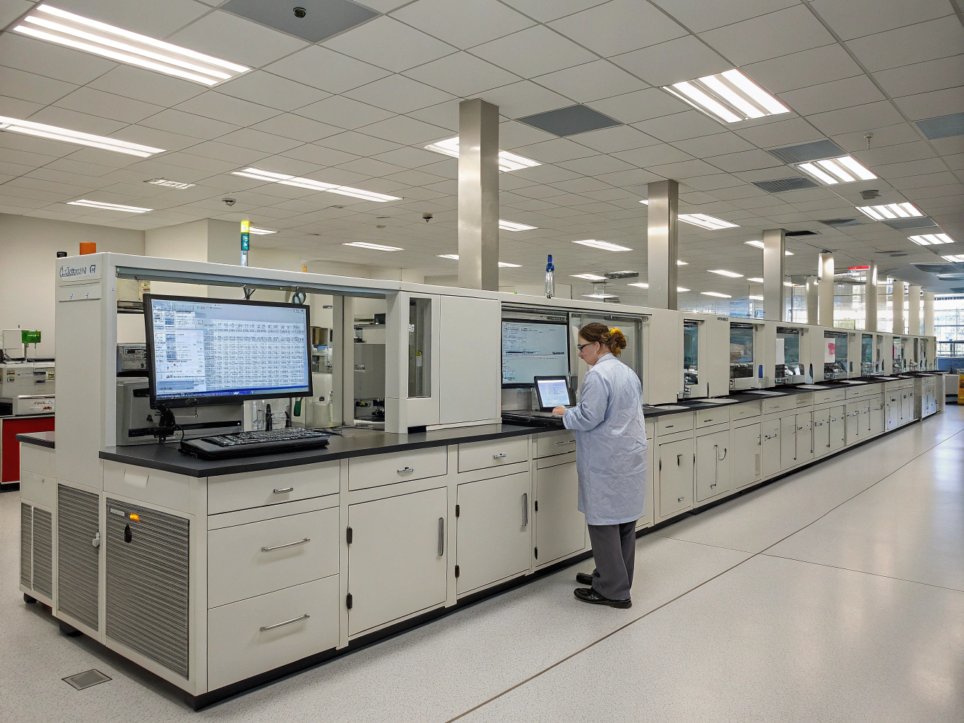 Pharmaceutical scientist performing high-performance liquid chromatography testing in a sterile laboratory